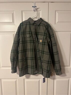 Mens Carhartt Flannel Sherpa Lined Plaid Snap Shirt Jacket Green/Black Sz XL